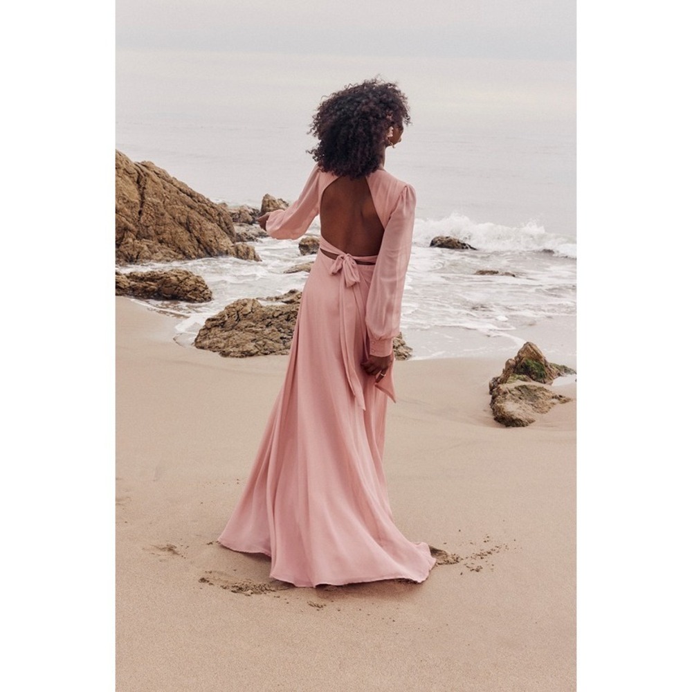Lulus Talk About Divine Blush Long Sleeve Backless Maxi Dress Pink - Size XS